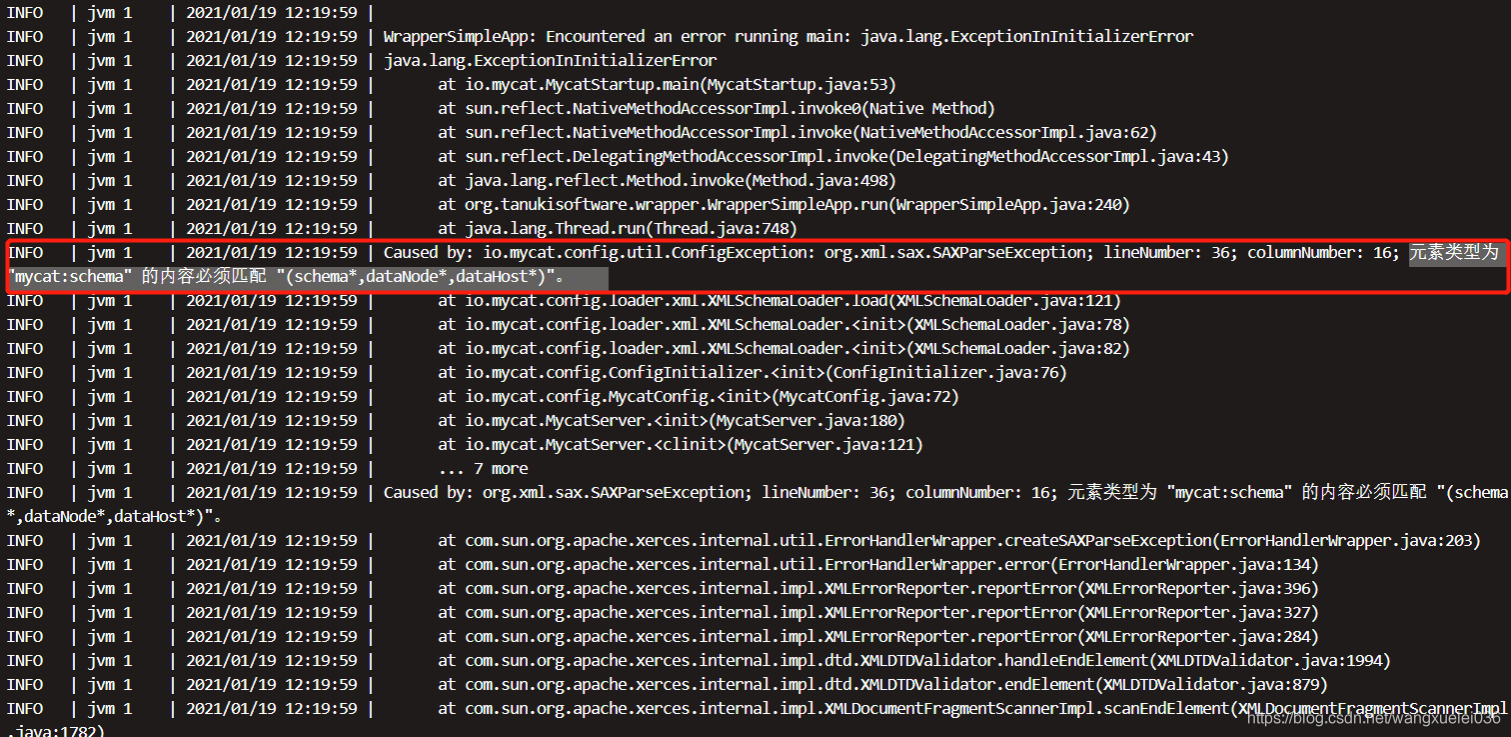 mycat 配置文件元素类型为“mycat:schema“ 的内容必须匹配 “(schema*,dataNode*,dataHost*)“。