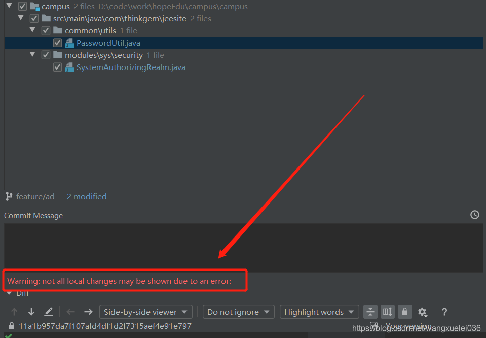 git warning:not all local changes may be shown due to an error:
